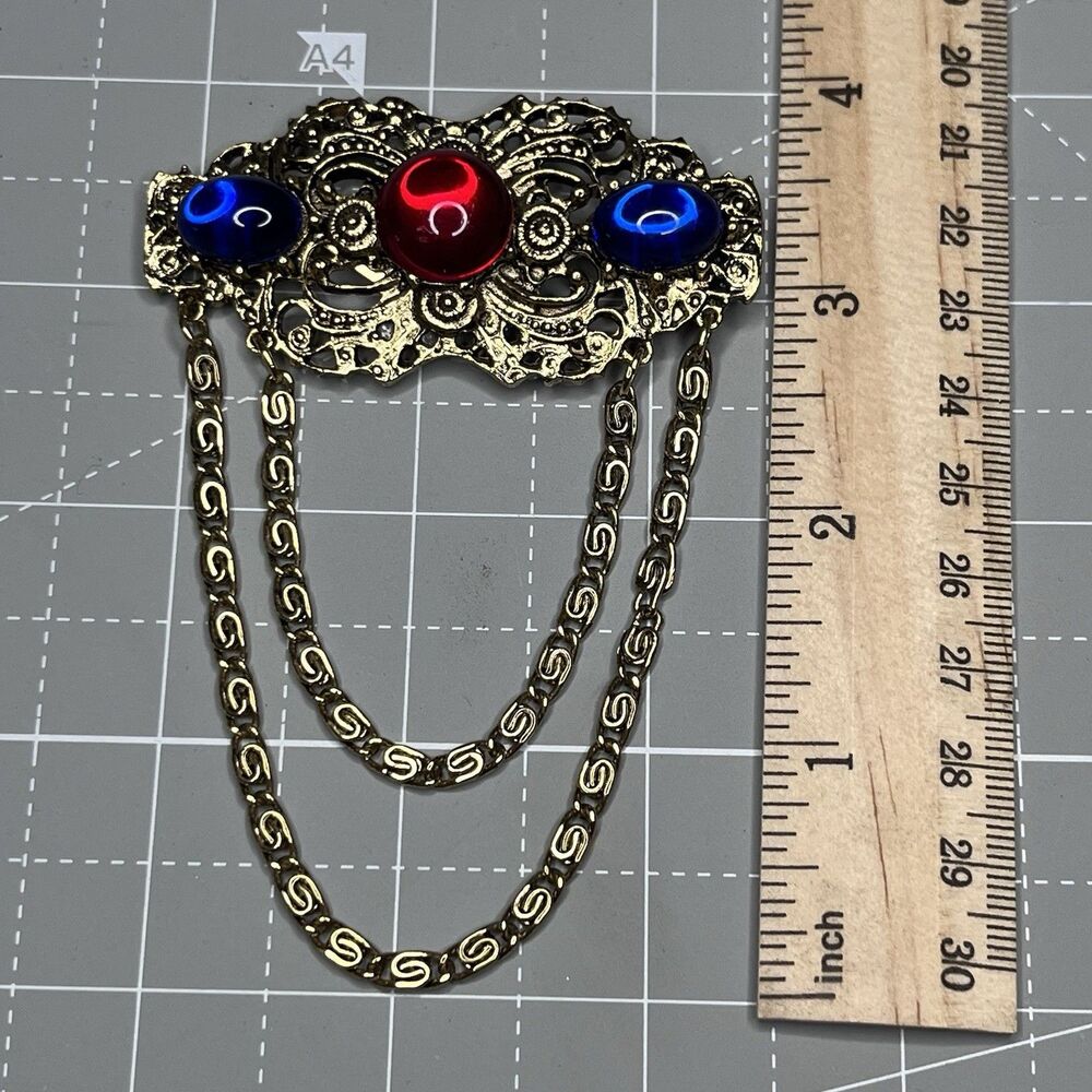 Unsigned Gold Tone Baroque Brooch Multicolor Cabochons Pearl Chain Tassel